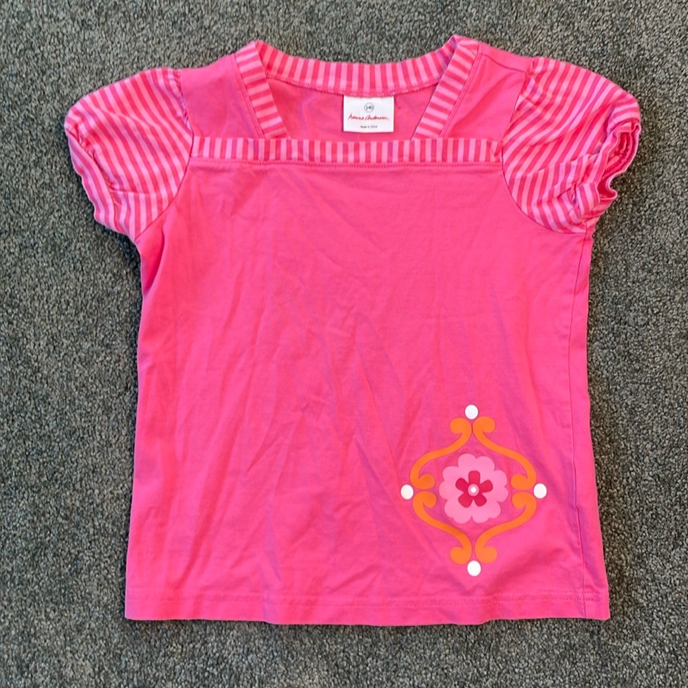 Hanna Andersson Pink 9/10 Girls Top with Striped Sleeve Details